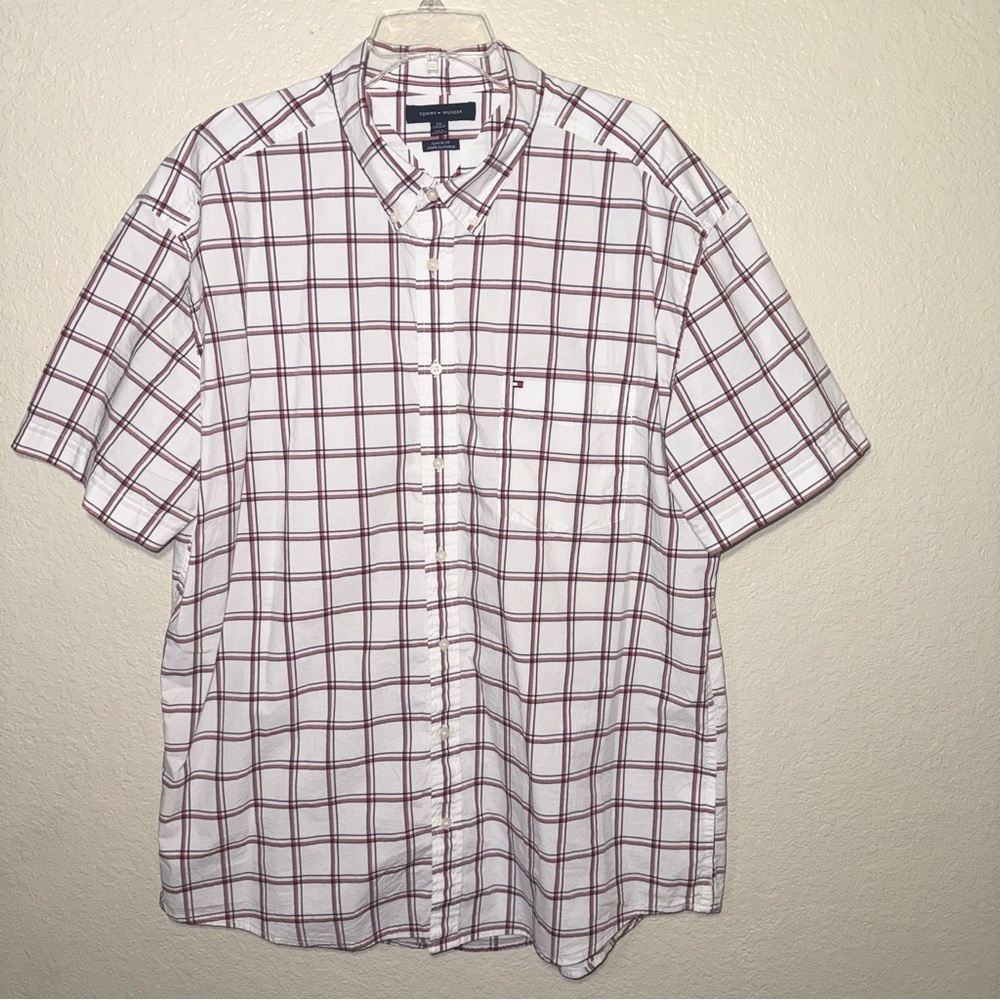 Tommy Hilfiger XXL Red White Plaid Short Sleeve Button Down Shirt Classic Preppy